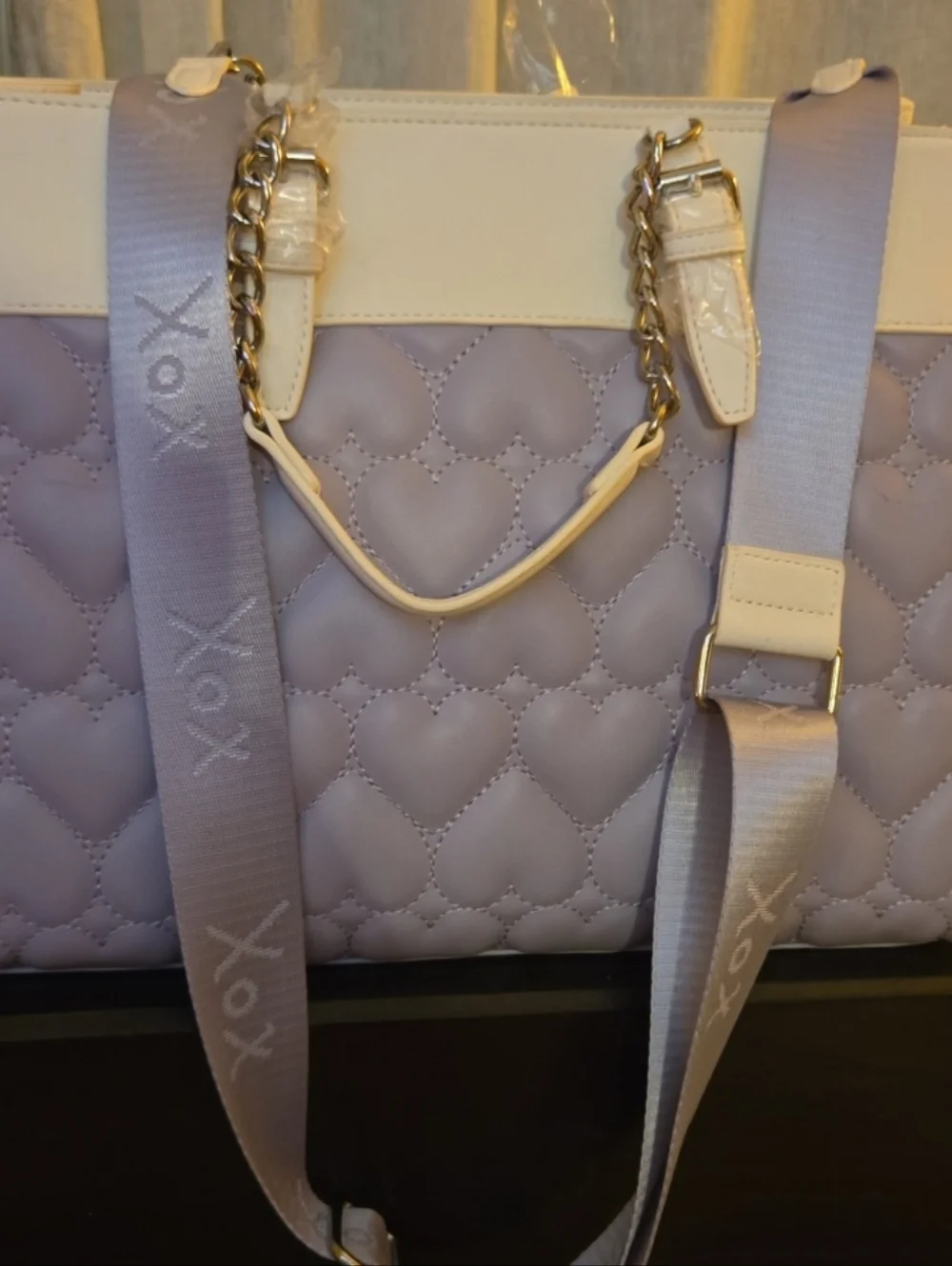Betsey Johnson Quilted Heart Tote Lavender And Cream With Gummy Bears Charm - Picture 2 of 7